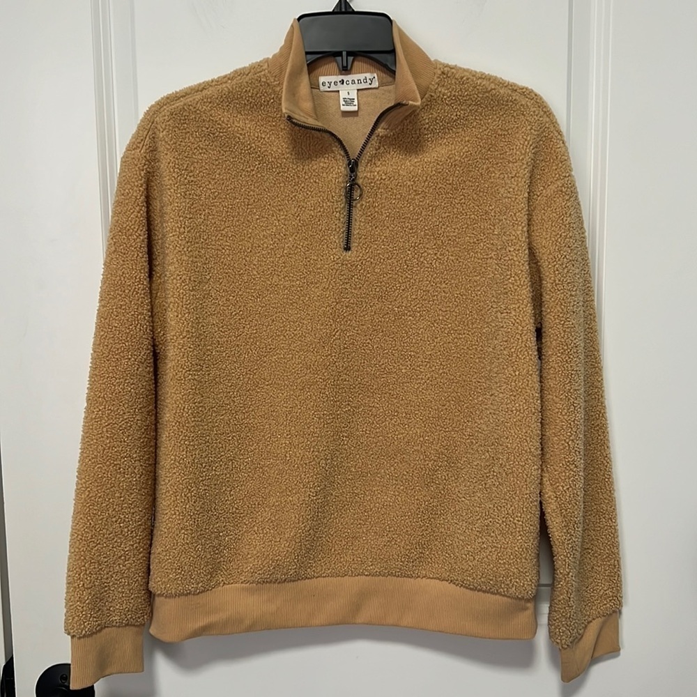 Eye Candy Women’s Long Sleeve Sherpa Sweater Top Half Zip in Camel size Small